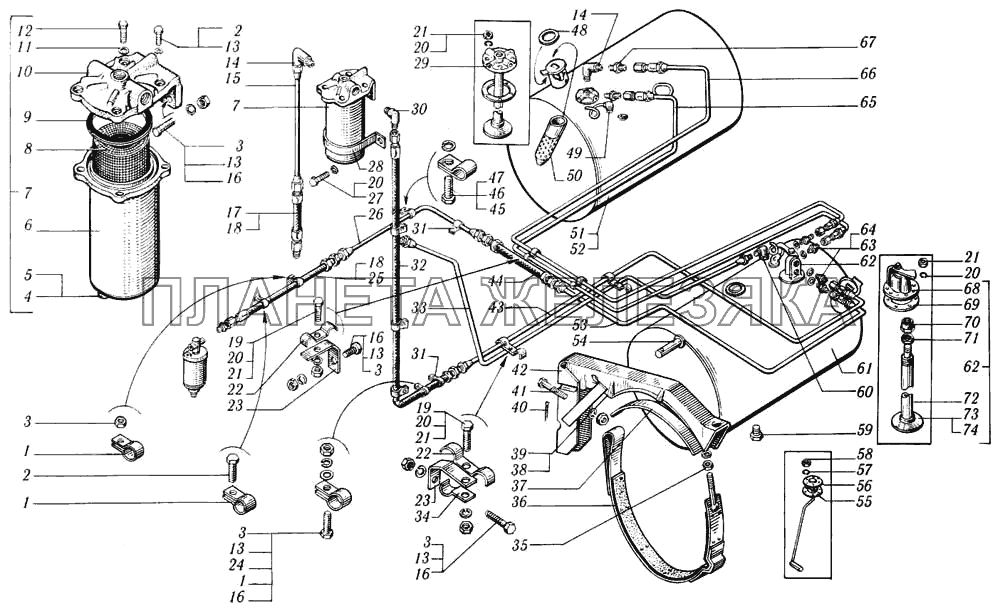 Топливные баки, топливопроводы, фильтр грубой очистки топлива автомобилей КрАЗ-6444 и КрАЗ-65101 КрАЗ-6510