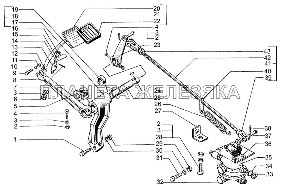 Педаль тормозная и привод управления двухсекционным тормозным краном КрАЗ-7133H4