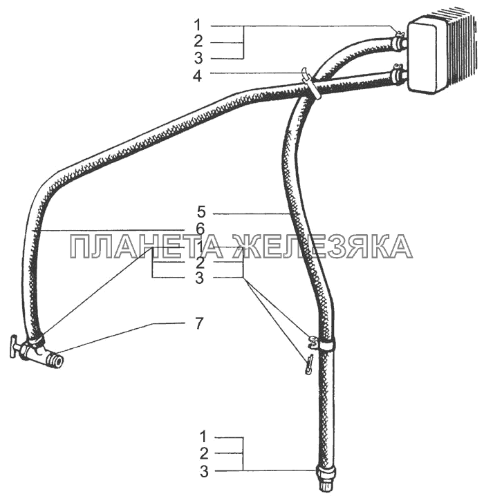 Трубопроводы системы отопления кабины КрАЗ-7133H4