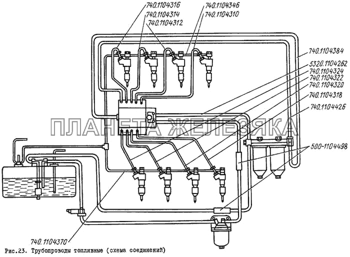 Трубопроводы топливные (схема соединений) ЛиАЗ 5256