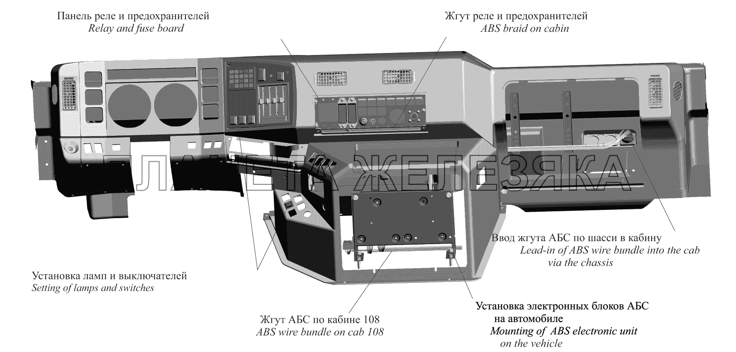 Расположение элементов систем АБС в кабине автомобиля 437137-3700120-010 МАЗ-437130 (Зубренок)