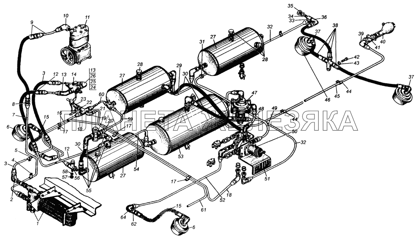 Привод пневматический тормозов МАЗ-509А МАЗ-504В