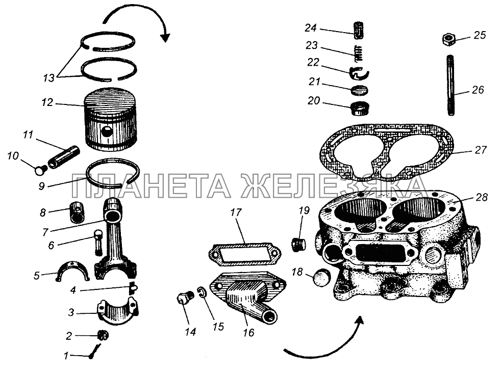 Блок цилиндров, поршни и шатуны компрессора МАЗ-504В