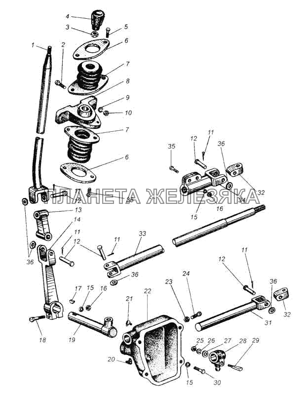 Рычаг переключения передач и промежуточный механизм управления коробкой передач МАЗ-5335