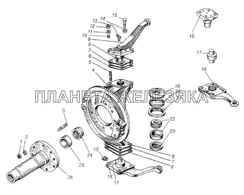 Цапфа поворотная и шкворневое устройство автомобиля МАЗ-509А МАЗ-5335