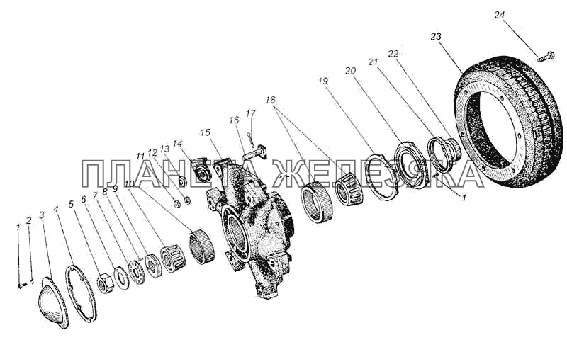 Ступица и тормозной барабан переднего колеса автомобилей МАЗ-5335, МАЗ-5549, МАЗ-5429 МАЗ-5335