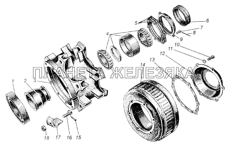 Ступица и тормозной барабан заднего колеса МАЗ-5335