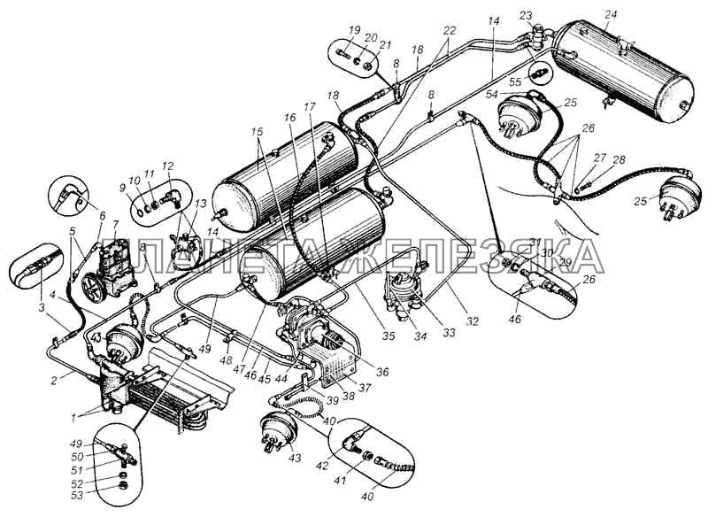 Привод пневматический тормозов автомобилей МАЗ-5429, МАЗ-504В МАЗ-5335