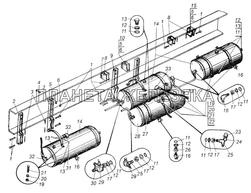 Крепление воздушных баллонов автомобиля МАЗ-509А МАЗ-5335