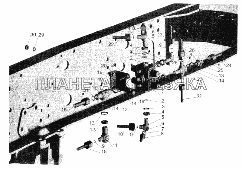 Крепление четырехконтурного клапана МАЗ-533608, МАЗ-533605, МАЗ-533603, МАЗ-533602, МАЗ-630308 МАЗ-5336 Крепление четырехконтурного клапана МАЗ-533608, МАЗ-533605, МАЗ-533603, МАЗ-533602, МАЗ-630308 МАЗ-5336