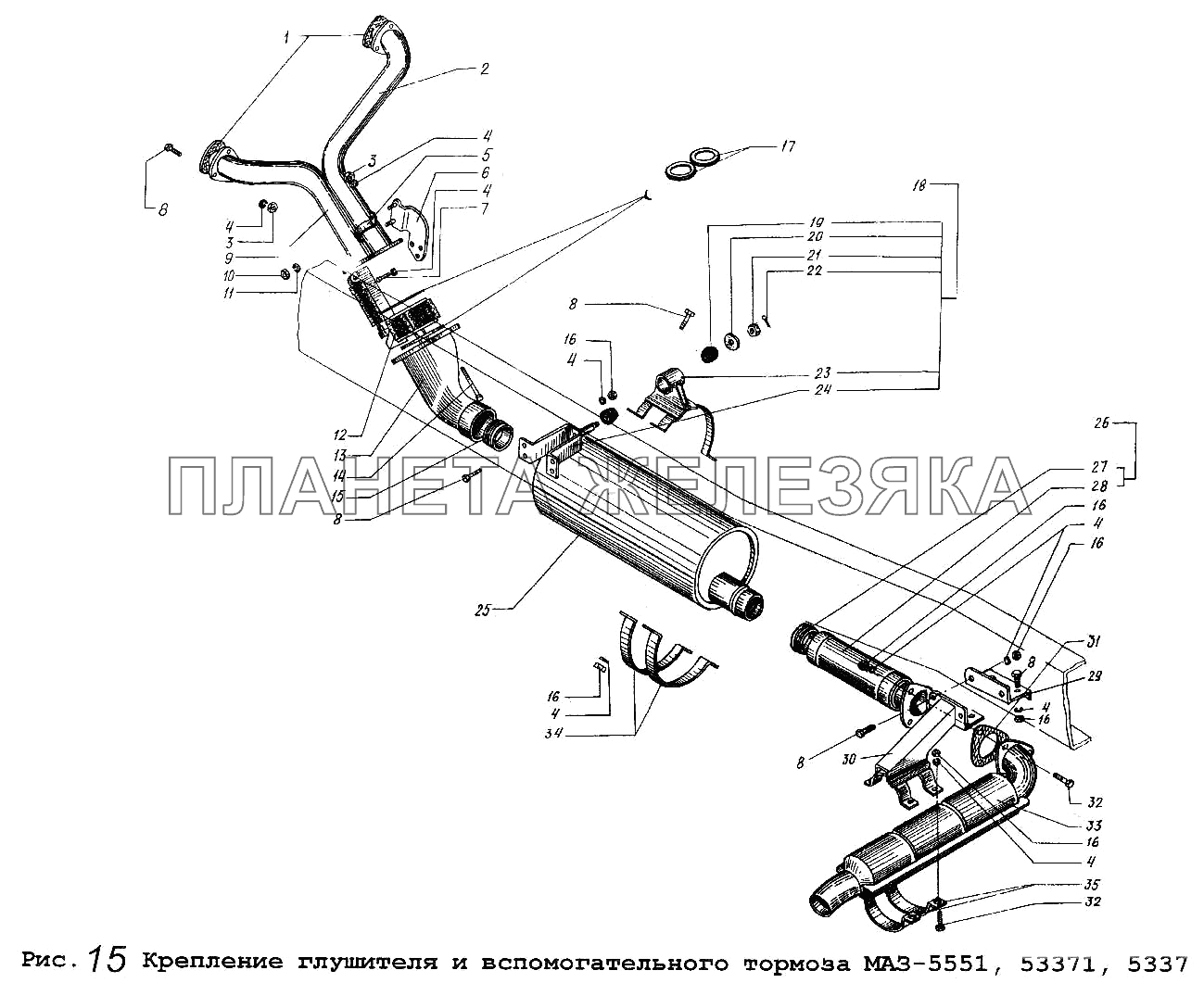 Крепление глушителя и вспомогательного тормоза МАЗ-5551, 53371, 5337 Общий (см. мод-ции)