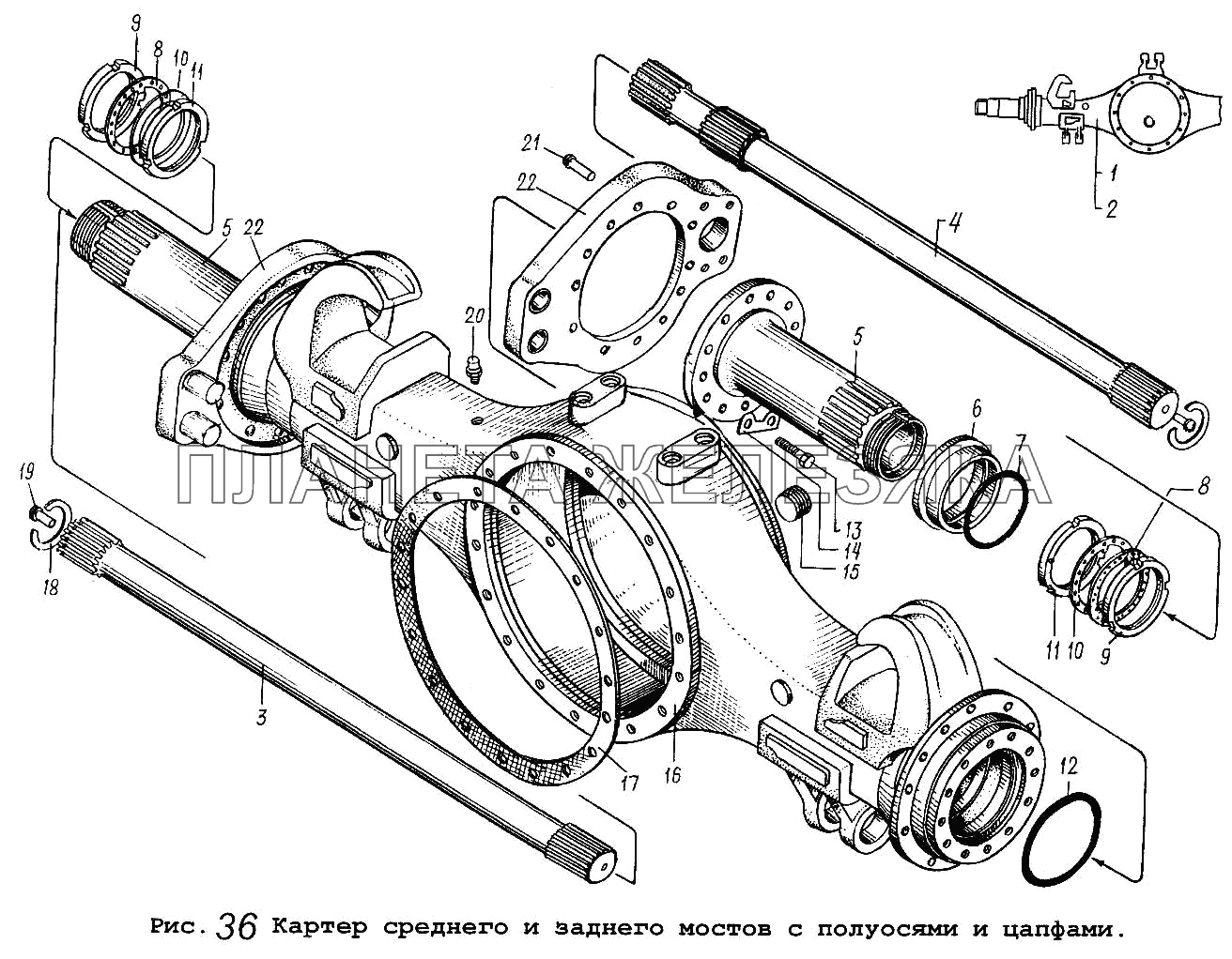 Картер среднего и заднего мостов с полуосями и цапфами Общий (см. мод-ции)
