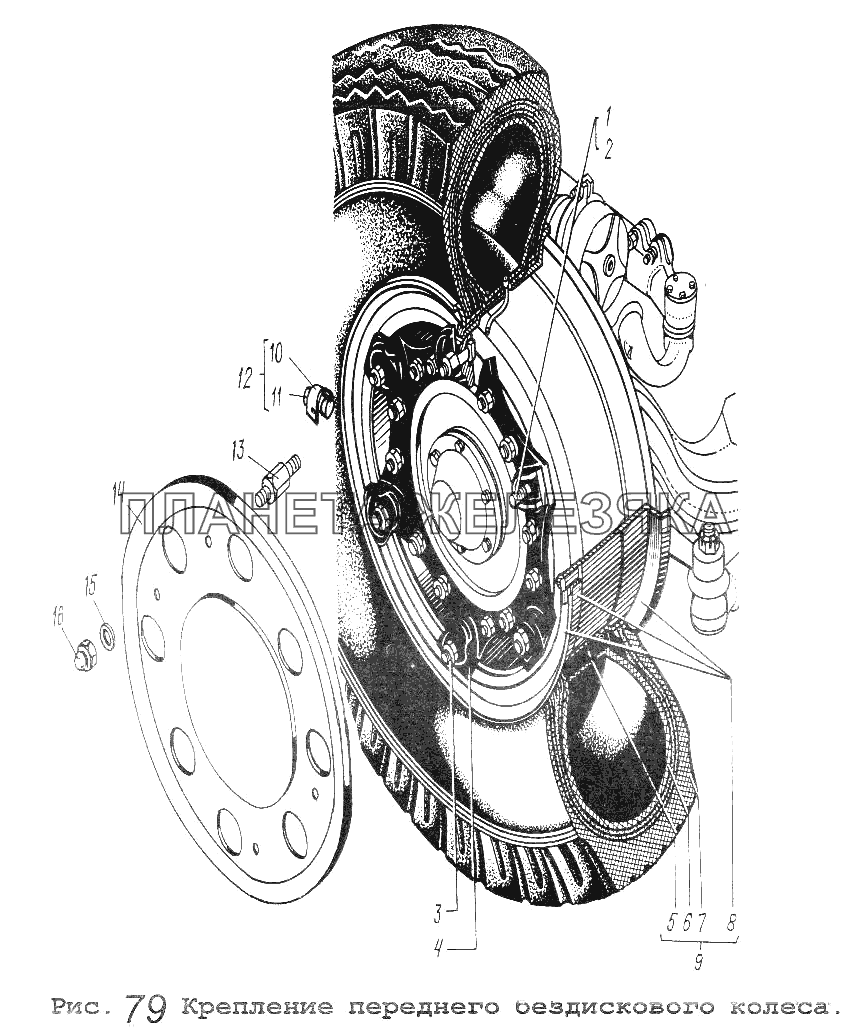 Крепление переднего бездискового колеса МАЗ-5516