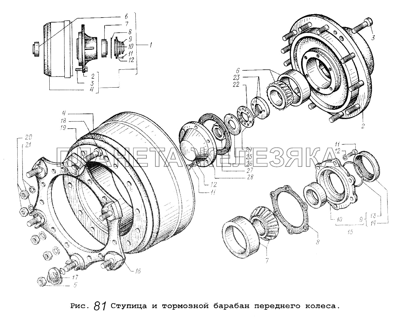 Ступица и тормозной барабан переднего колеса МАЗ-5516