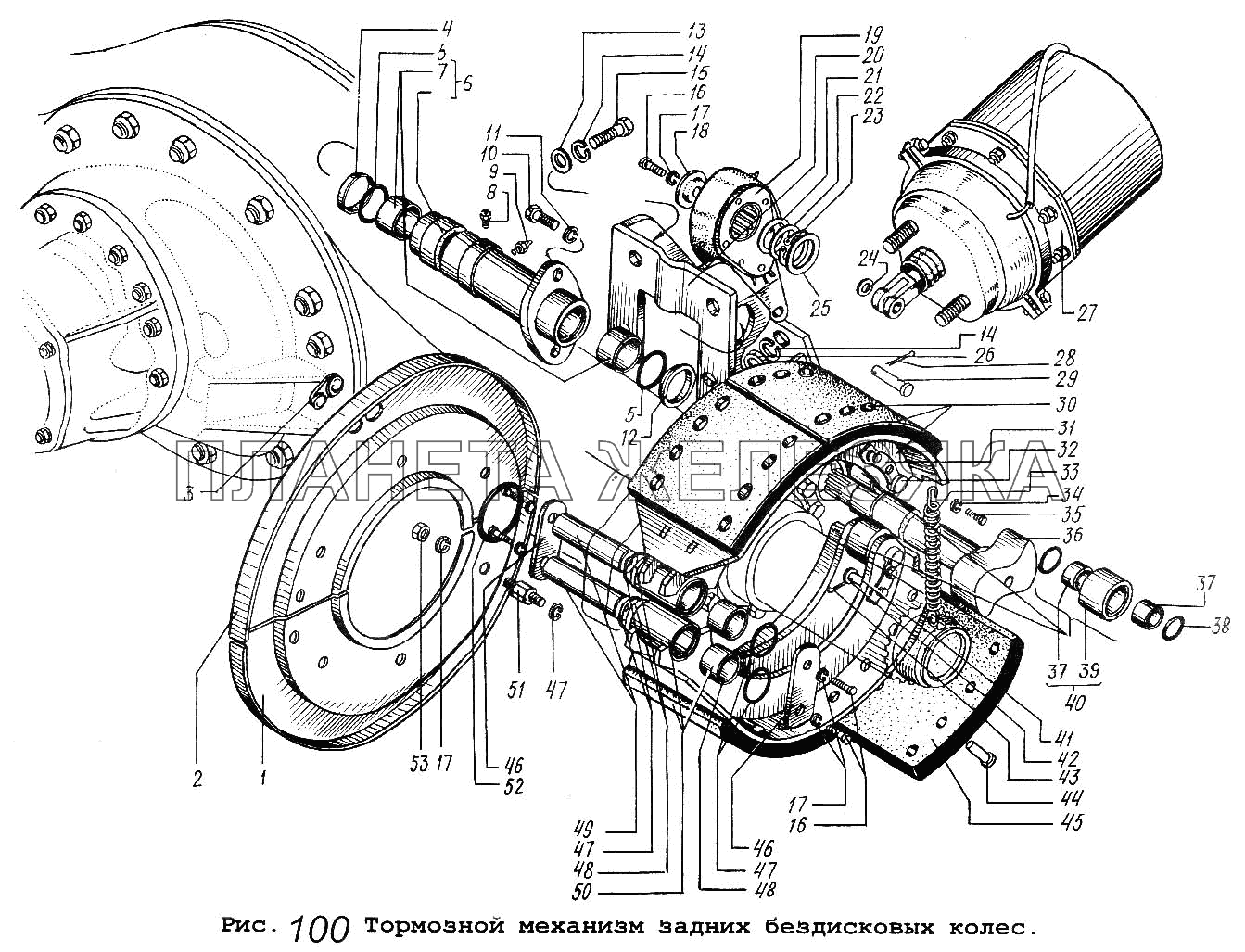 Тормозной механизм задних бездисковых колес МАЗ-5516