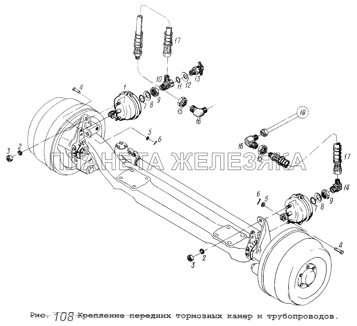 Крепление передних тормозных камер и трубопроводов МАЗ-5551