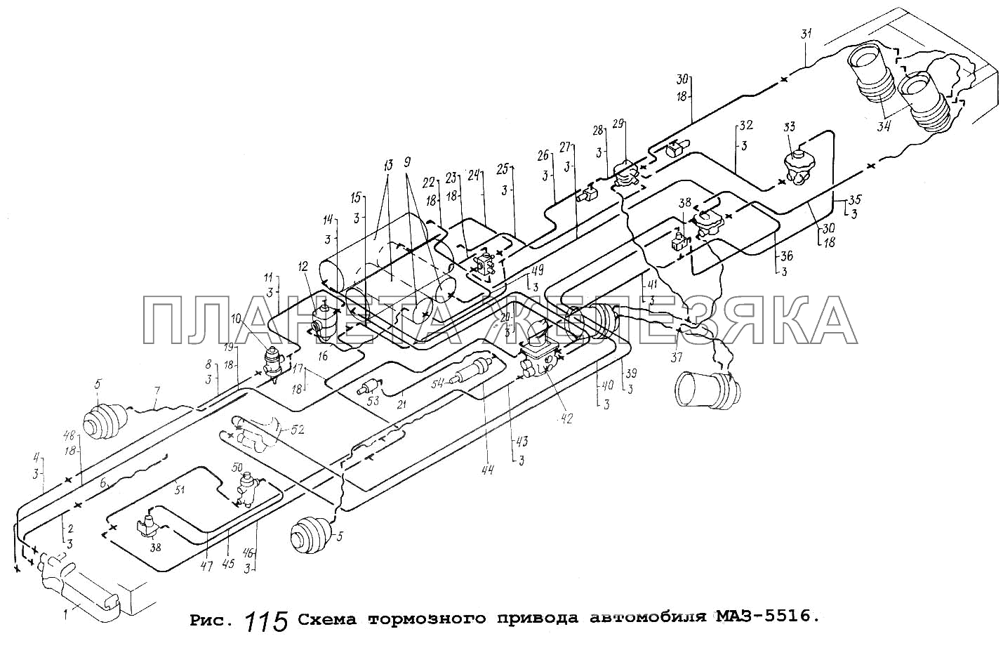 Схема тормозного привода автомобиля МАЗ-5516 Общий (см. мод-ции)