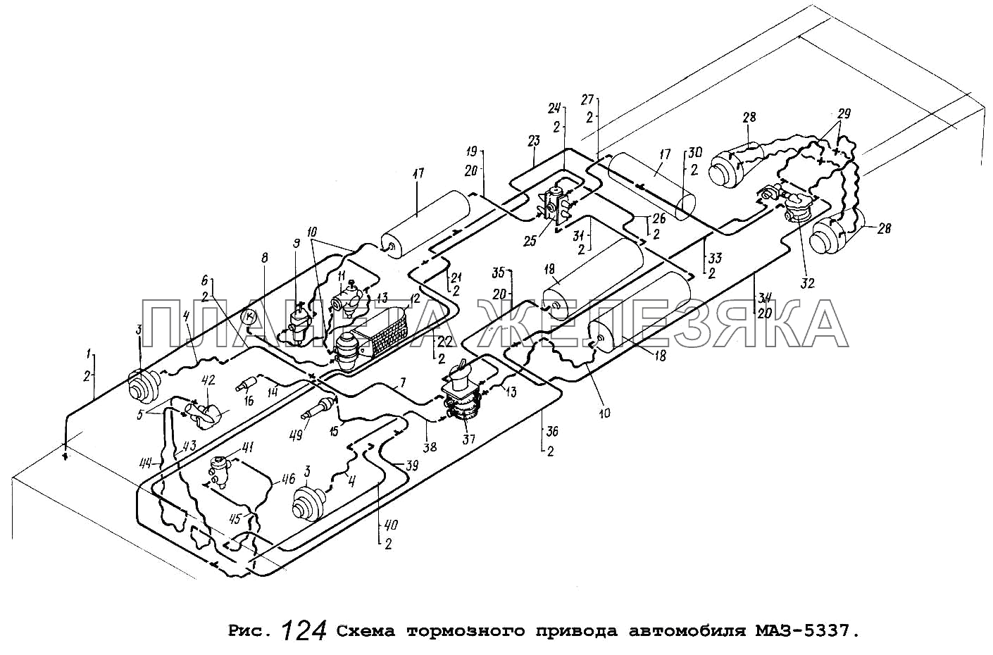 Схема тормозного привода автомобиля МАЗ-5337 Общий (см. мод-ции)
