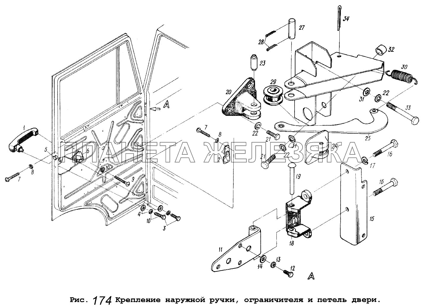 Крепление наружной ручки, ограничителя и петель двери МАЗ-54323