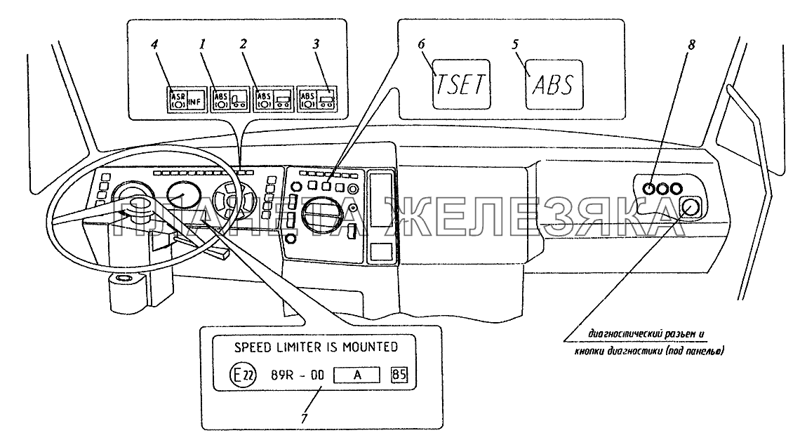 Расположение элементов АБС в кабине автомобилей семейства МАЗ-64221 МАЗ-5337 (2005)