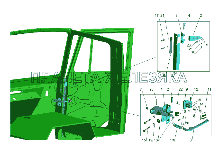 Установка ограничителей 64221-6100006-10 и петель двери МАЗ-533731