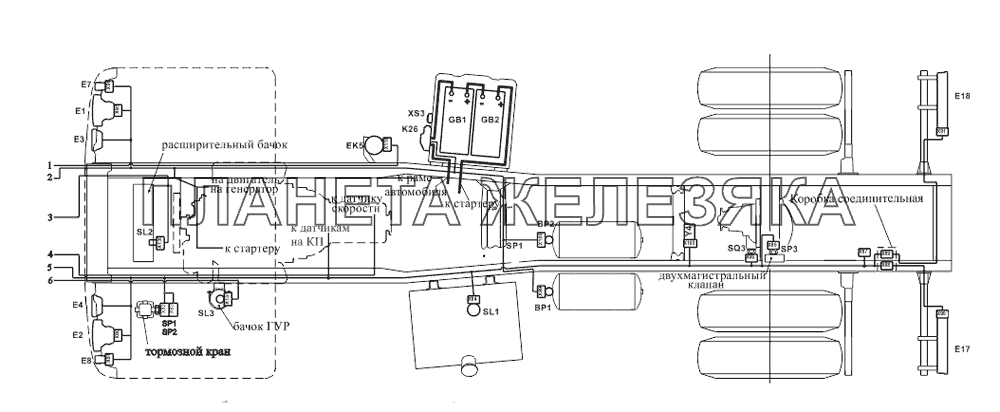 Расположение разъемов и элементов электрооборудования на шасси МАЗ-533731