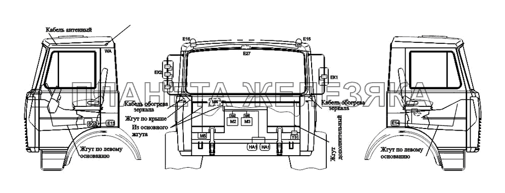 Расположение разъемов и элементов электрооборудования на малой кабине МАЗ-533731