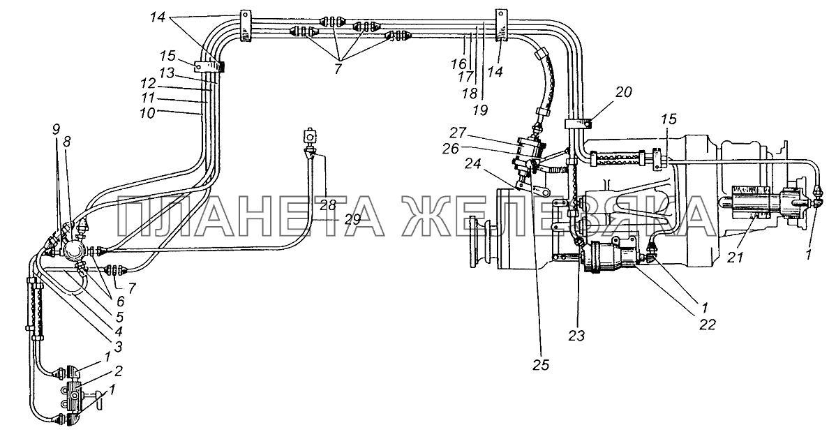 Воздухопроводы системы управления раздаточной коробкой МАЗ-509А МАЗ-5429