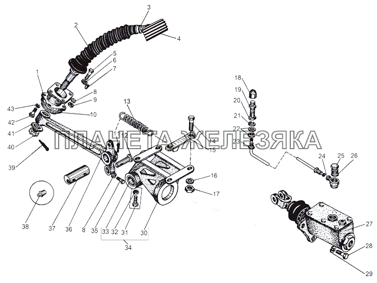 Установка педали тормоза и подпедального цилиндра МАЗ-543 (7310)