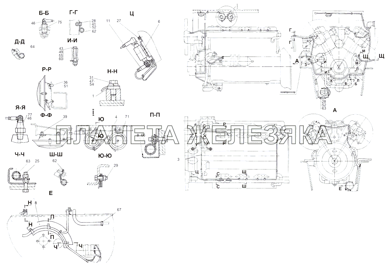 Монтаж проводов по двигателю МАЗ-543 (7310)