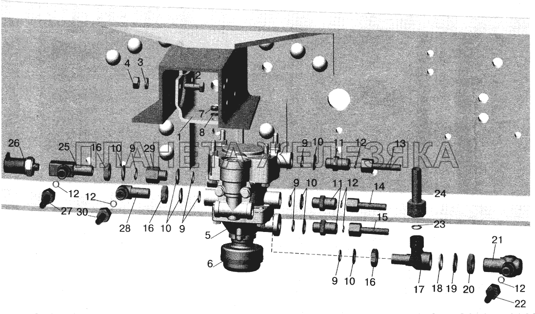 Установка клапана прицепа и присоединительной арматуры МАЗ-543203, 543202 МАЗ-5432