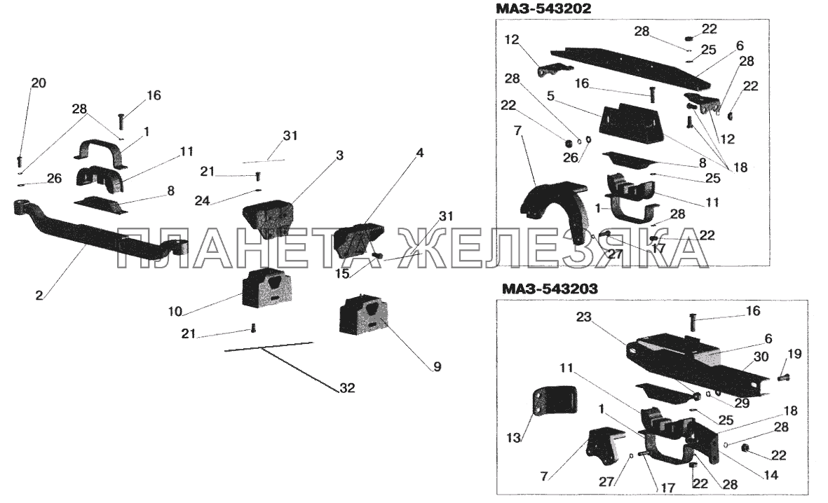 Крепление двигателя на автомобилях: МАЗ-543202, МАЗ-543203 МАЗ-5432