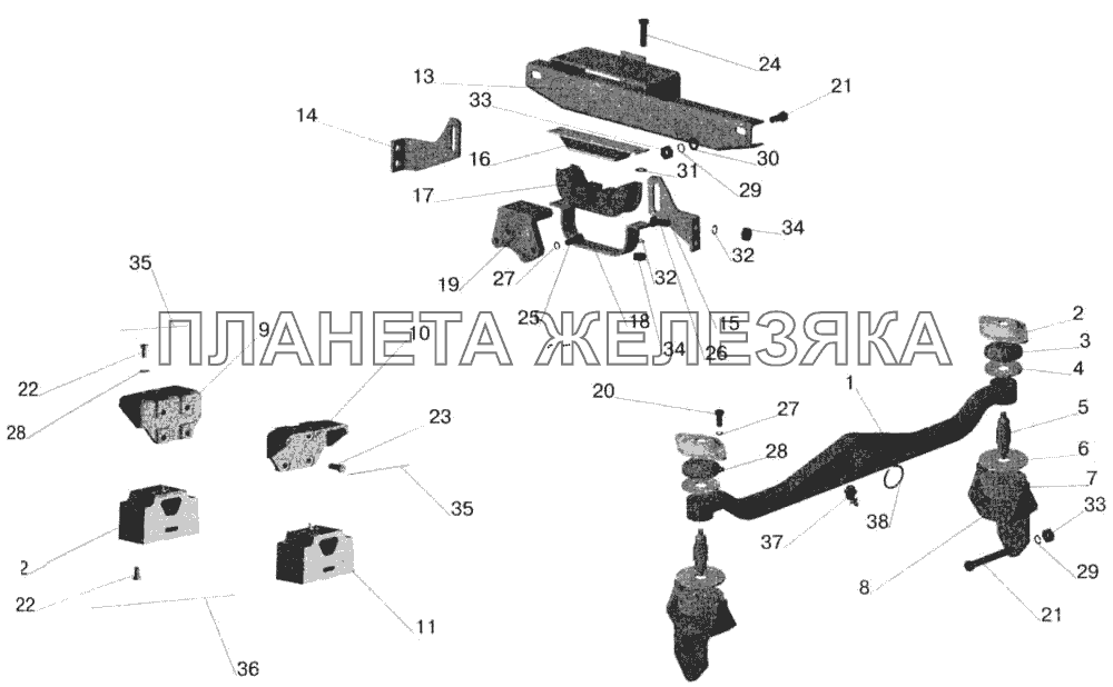 Крепление двигателя на автомобилях МАЗ-642205, МАЗ-543205 с КПП МАЗ-238М МАЗ-543202