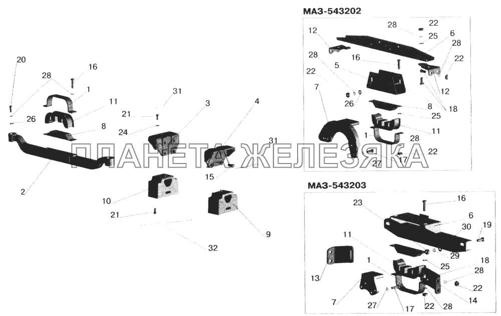 Крепление двигателя на автомобилях : МАЗ-543202, МАЗ-543203 МАЗ-543202