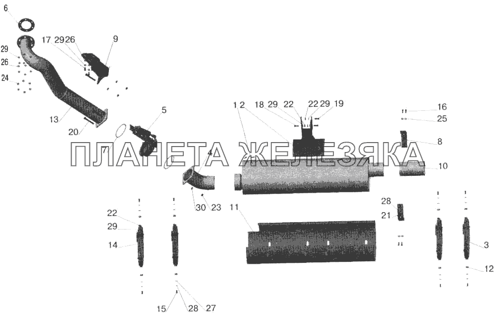 Установка системы выпуска отработавших газов МАЗ-551605 с КПП ЯМЗ 238-М без обогрева кузова МАЗ-543202