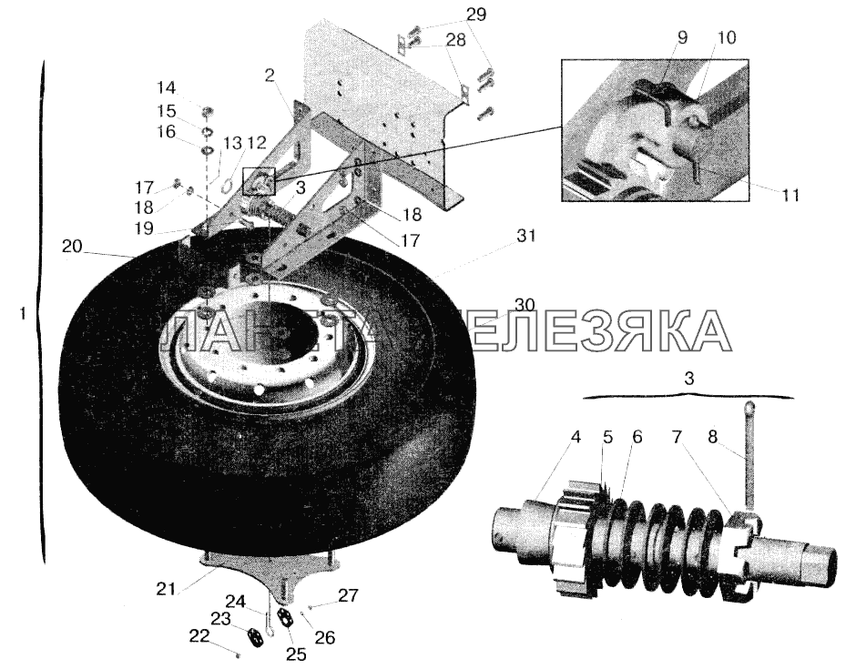 Установка запасного колеса МАЗ-543208, 543205, 543203, 543202, 555102 МАЗ-543202