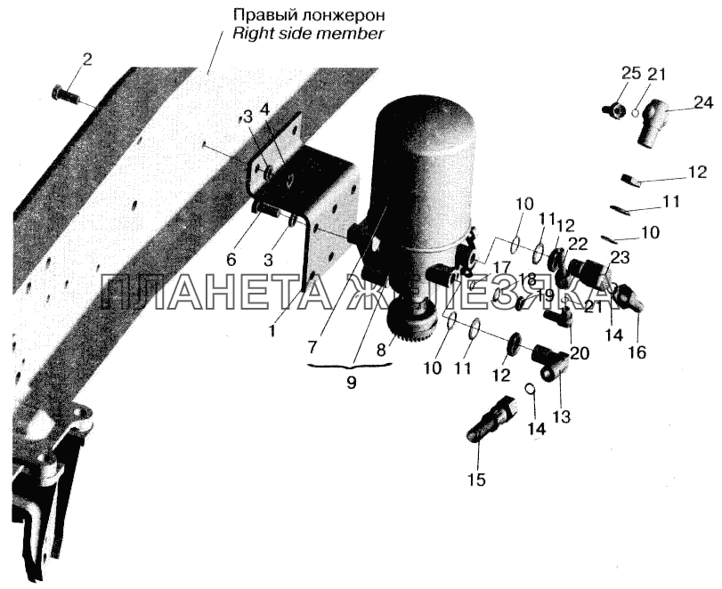 Установка осушителя воздуха и присоединительной арматуры МАЗ-555102 МАЗ-543202