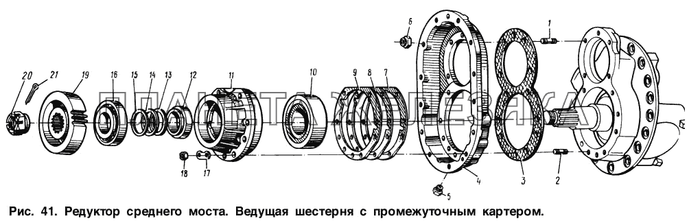 Редуктор среднего моста. Ведущая шестерня с промежуточным картером МАЗ-64221