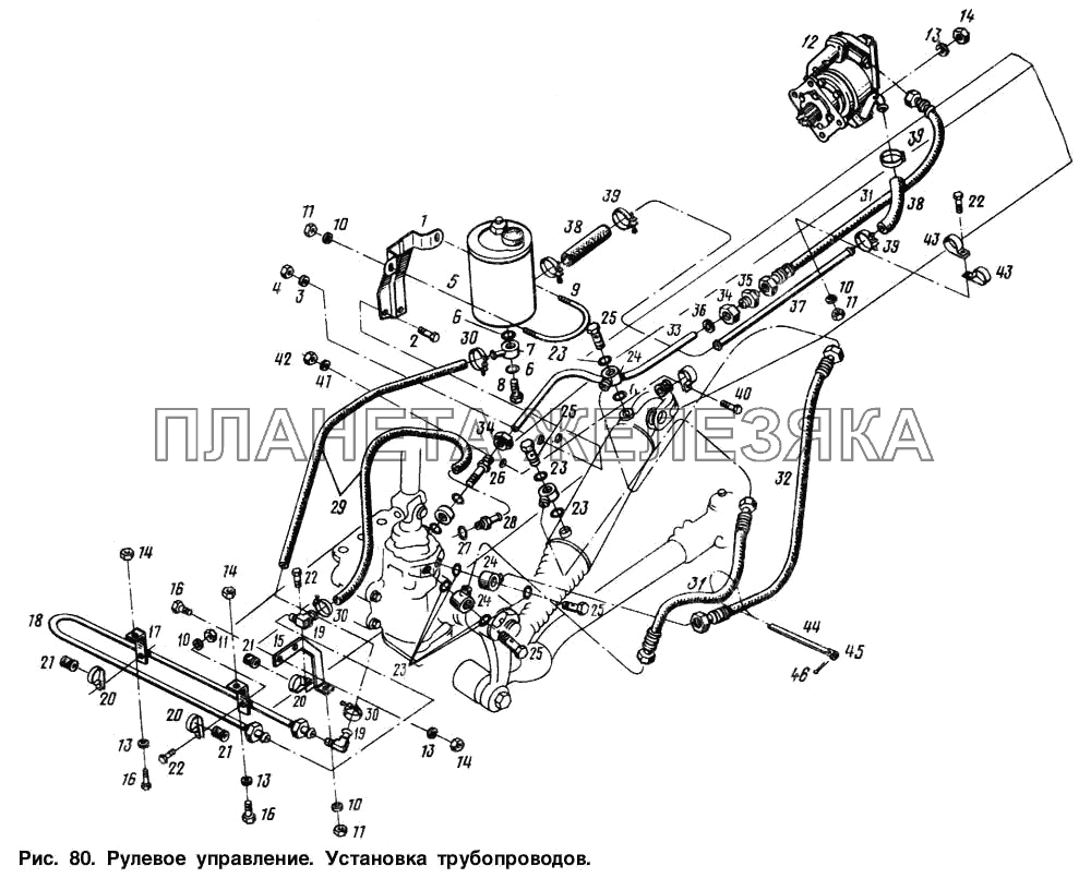 Рулевое управление. Установка трубопроводов МАЗ-64221