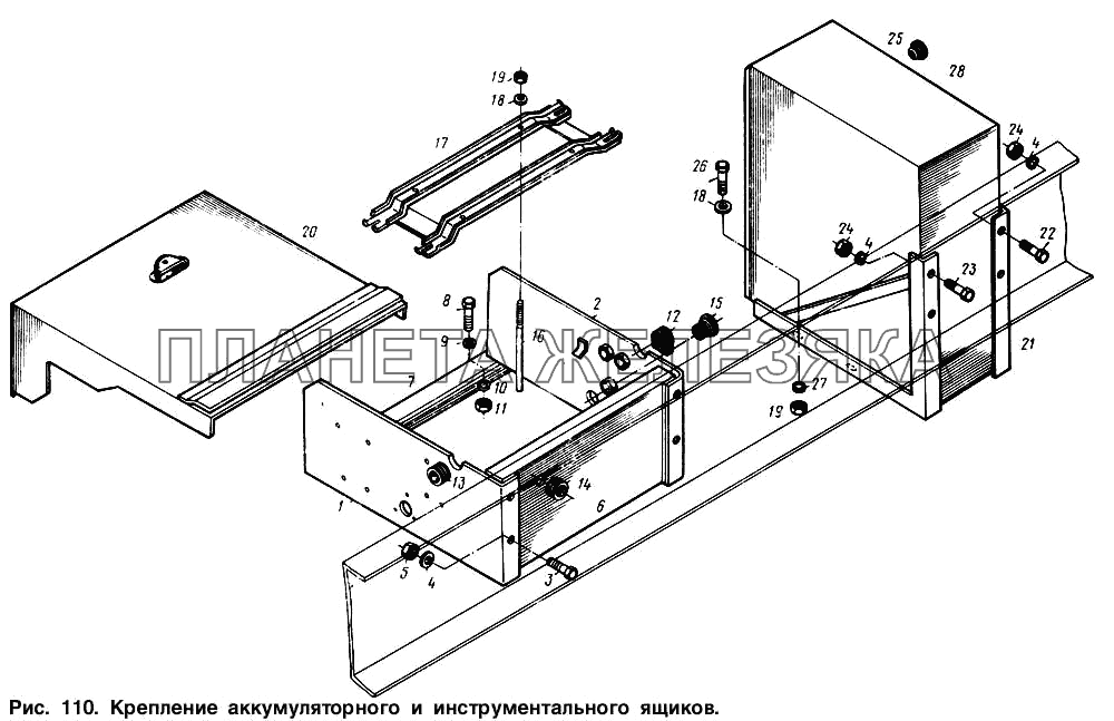 Крепление аккумуляторного и инструментального ящиков МАЗ-54321
