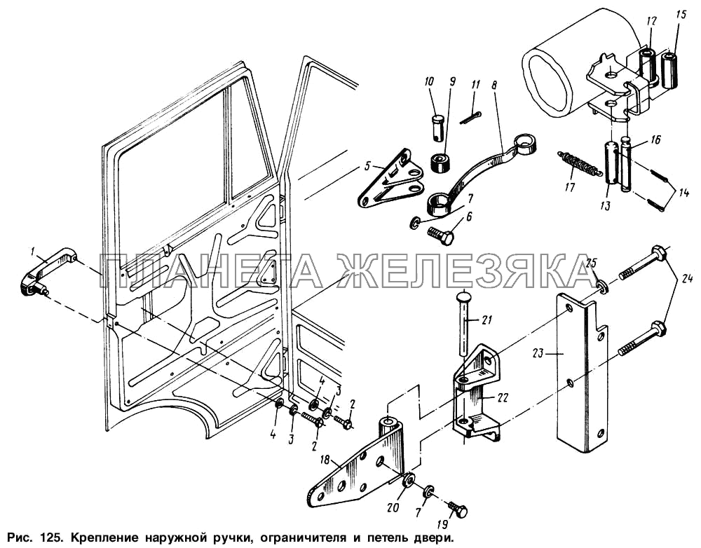 Крепление наружной ручки, ограничителя и петель двери МАЗ-64221