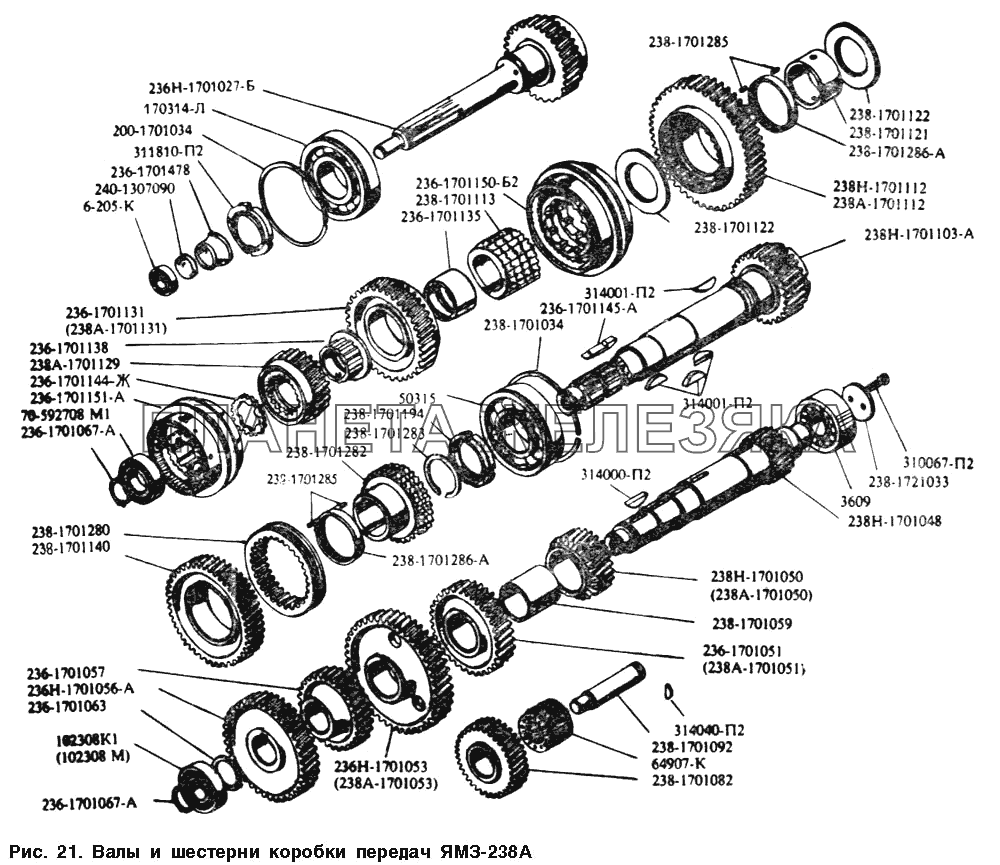 Валы и шестерни коробки передач ЯМЗ-238А МАЗ-54328