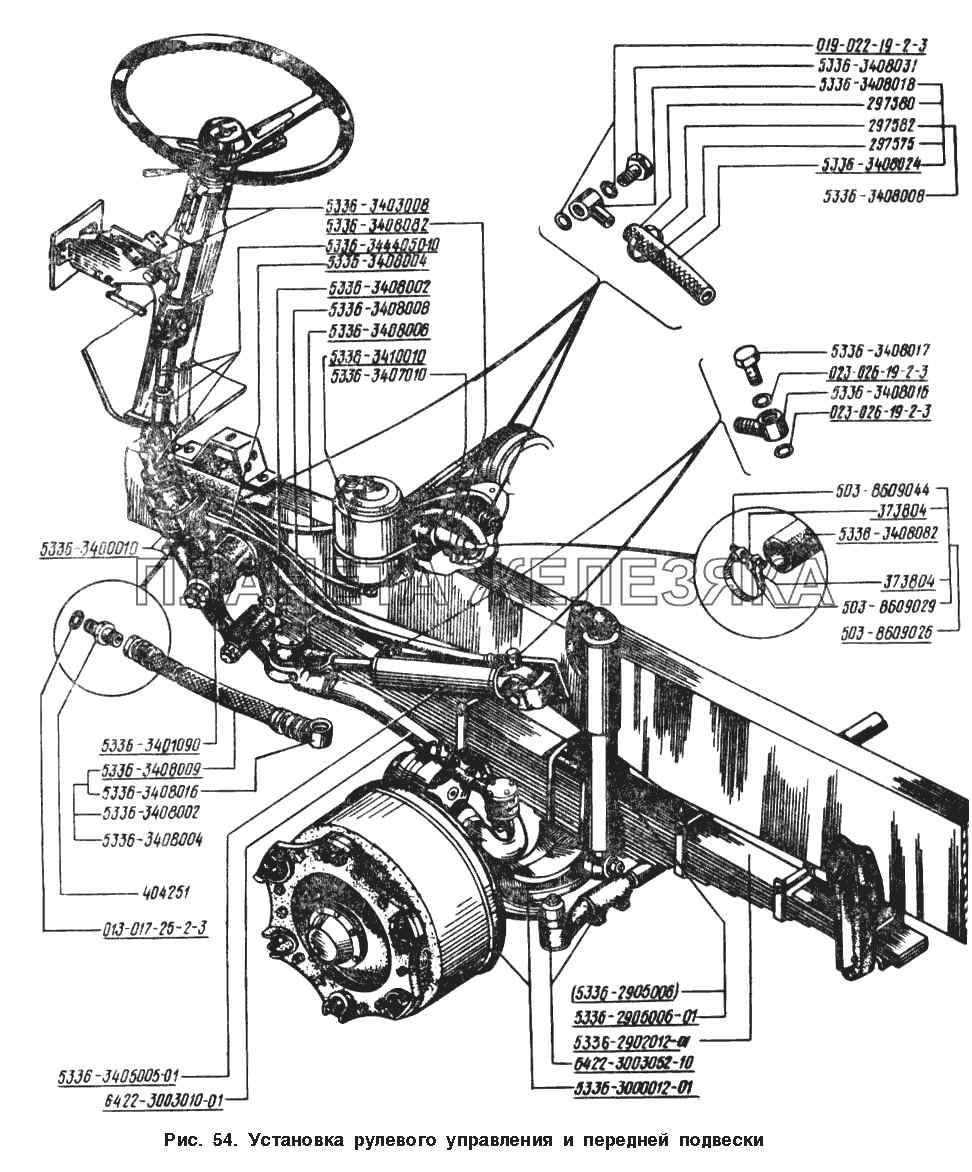 Установка рулевого управления и передней подвески МАЗ-54328