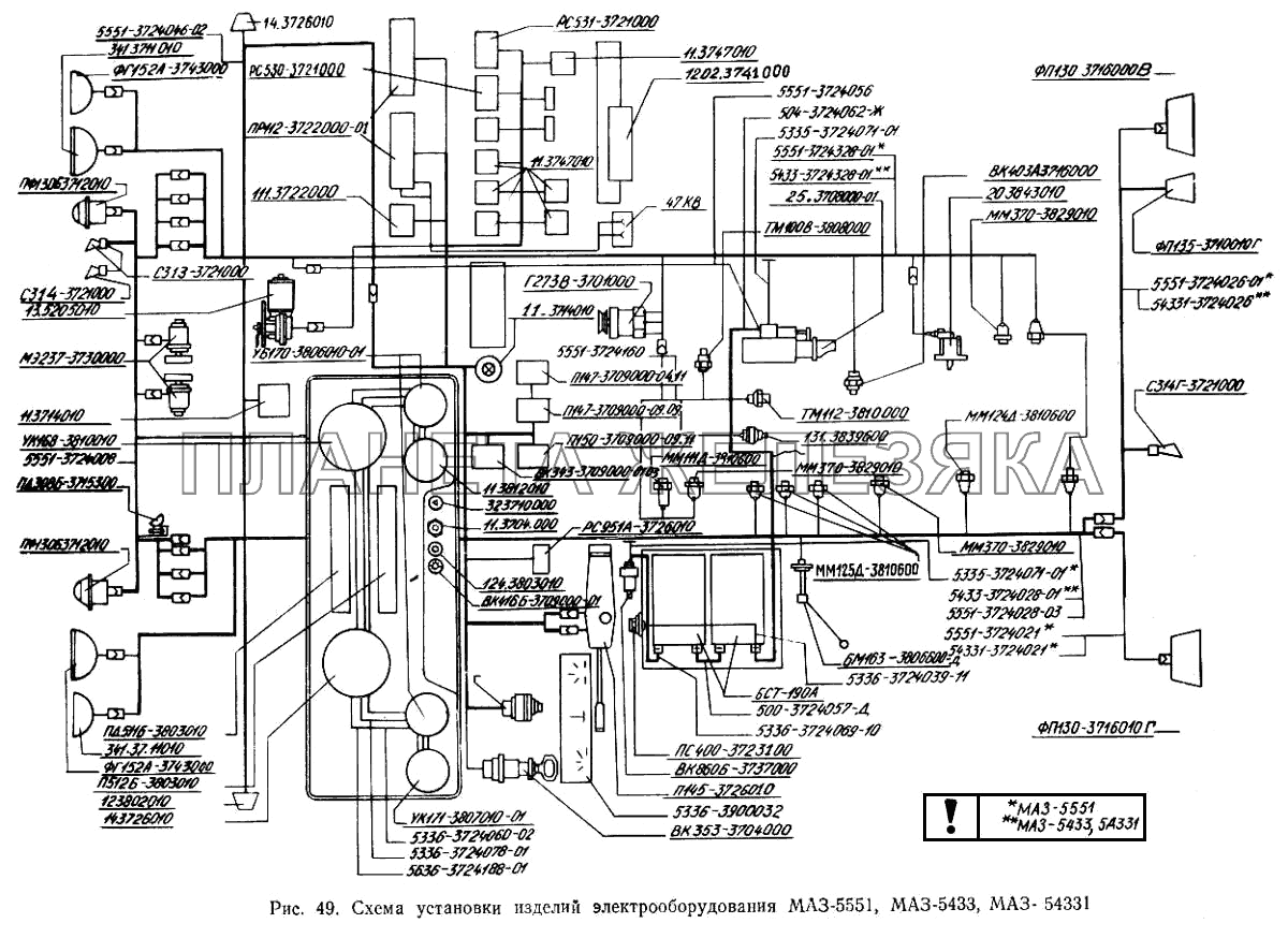Схема установки изделий электрооборудования МАЗ-5551, МАЗ-5433, МАЗ-54331 МАЗ-5433