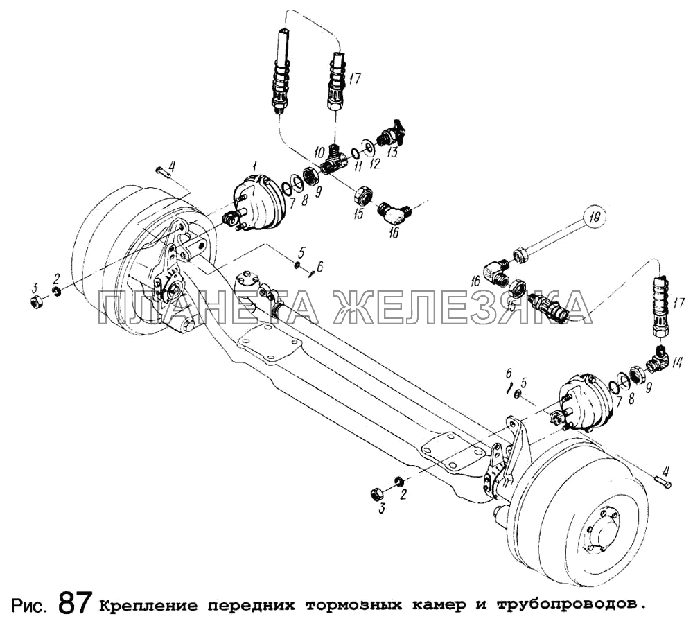 Крепление передних тормозных камер и трубопроводов МАЗ-64255