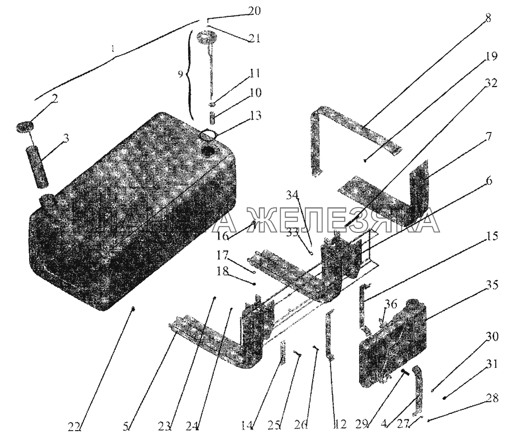 Крепление топливного бака и бачка подогревателя МАЗ-5440
