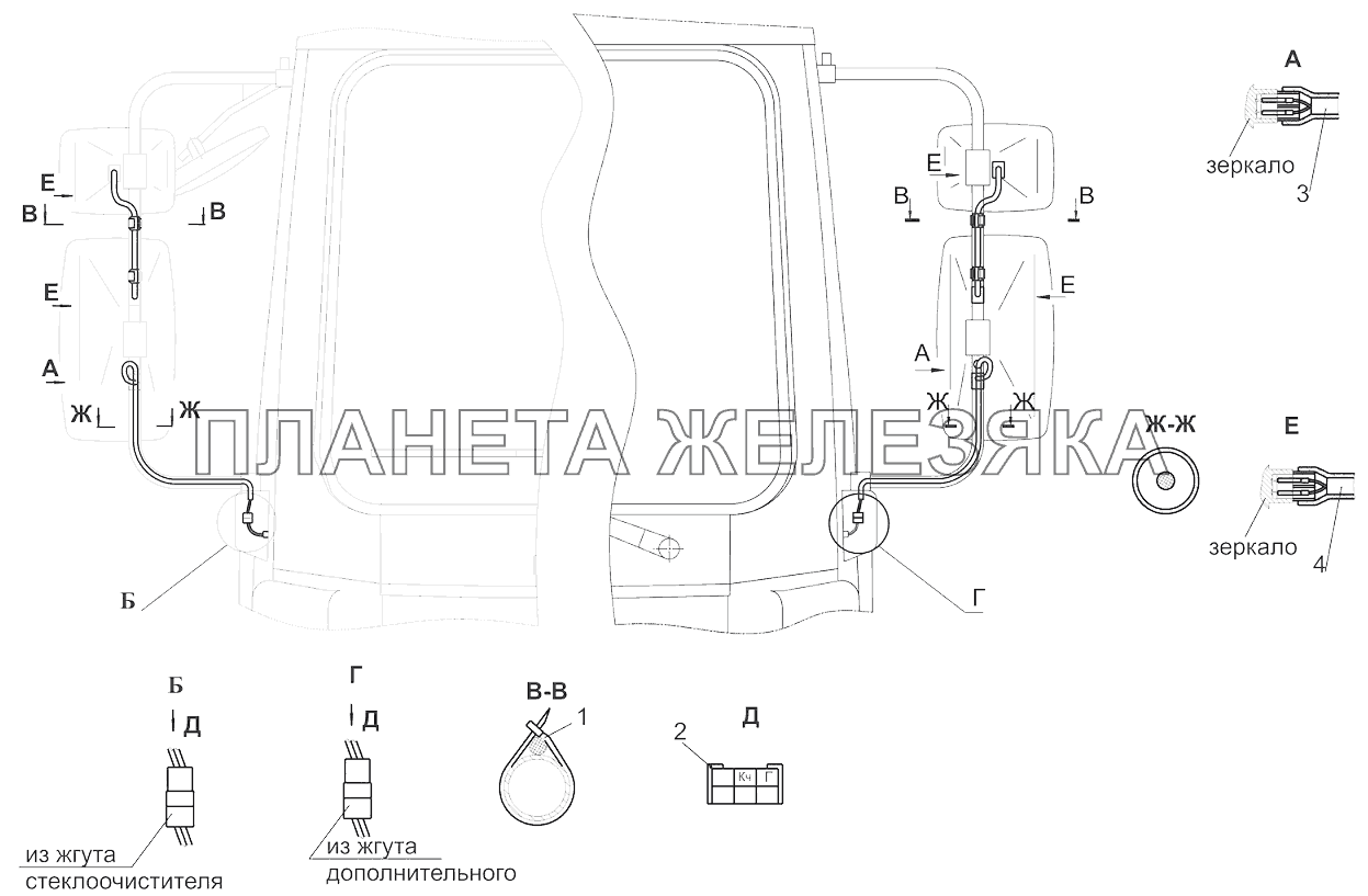 Установка кабелей обогрева зеркал 6430-3700108, 6430-3700108-700 МАЗ-5440B5