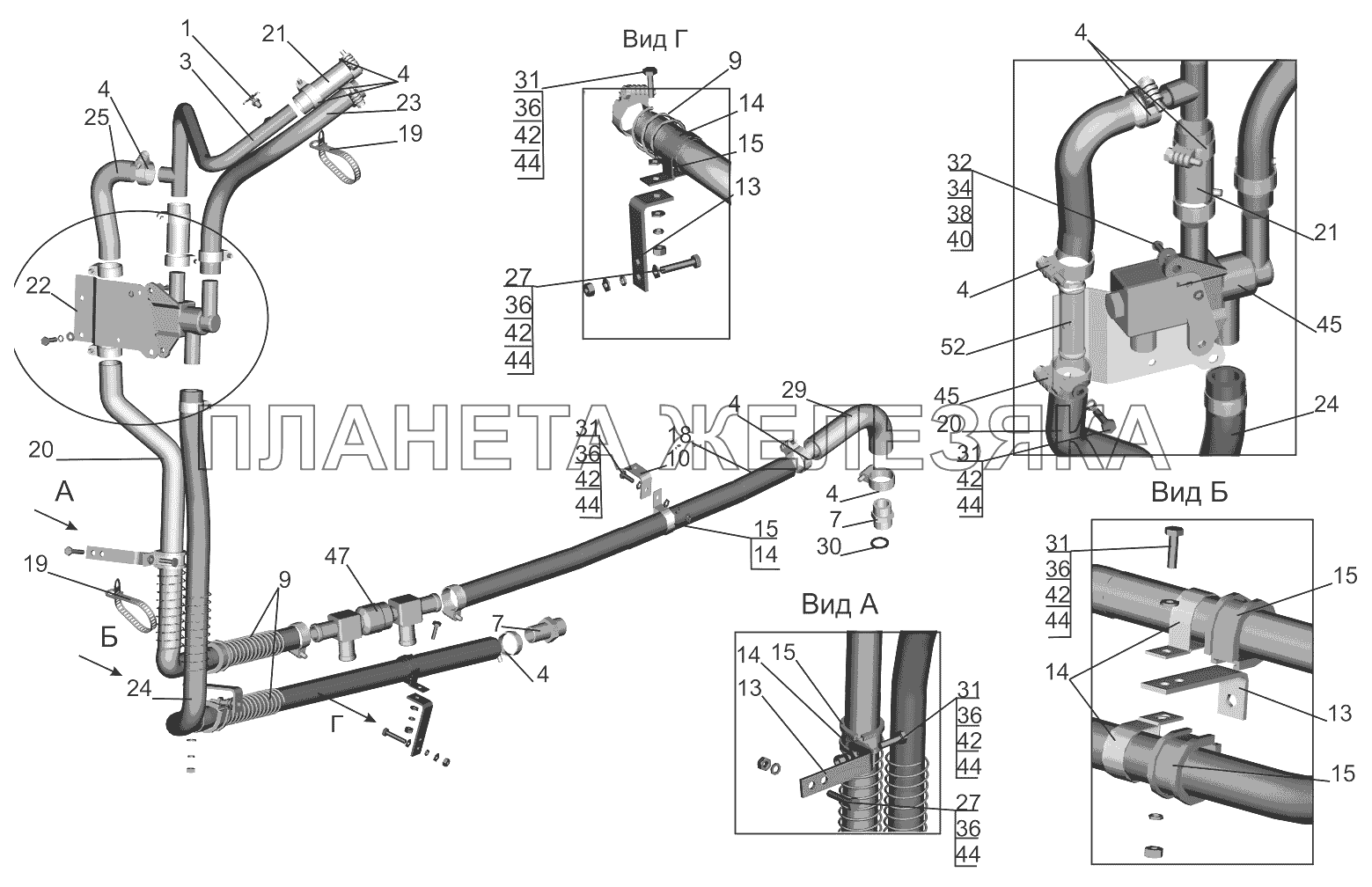 Установка шлангов отопителя 6516А9-8100006-030 МАЗ-5440B9, 6430B9