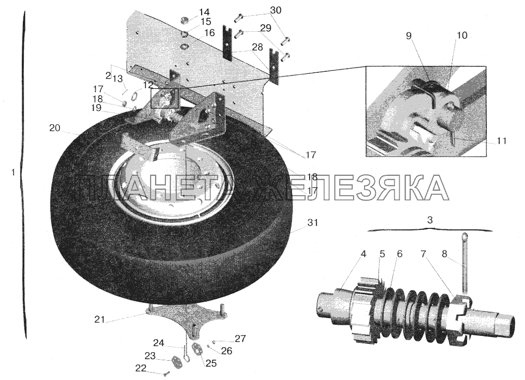 Установка запасного колеса МАЗ-555102 (63035-3100001-10) МАЗ-5516 (2003)