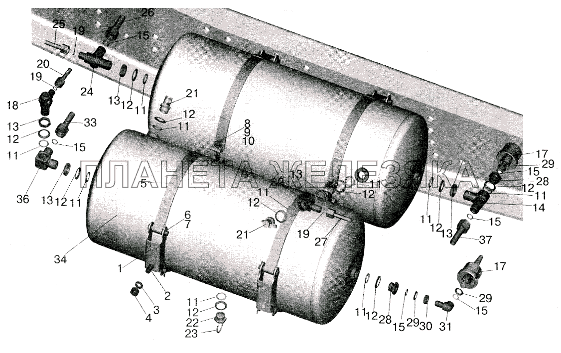 Установка ресиверов и присоединительной арматуры на МАЗ-543208, 543205 с пневмоподвеской МАЗ-5516 (2003)